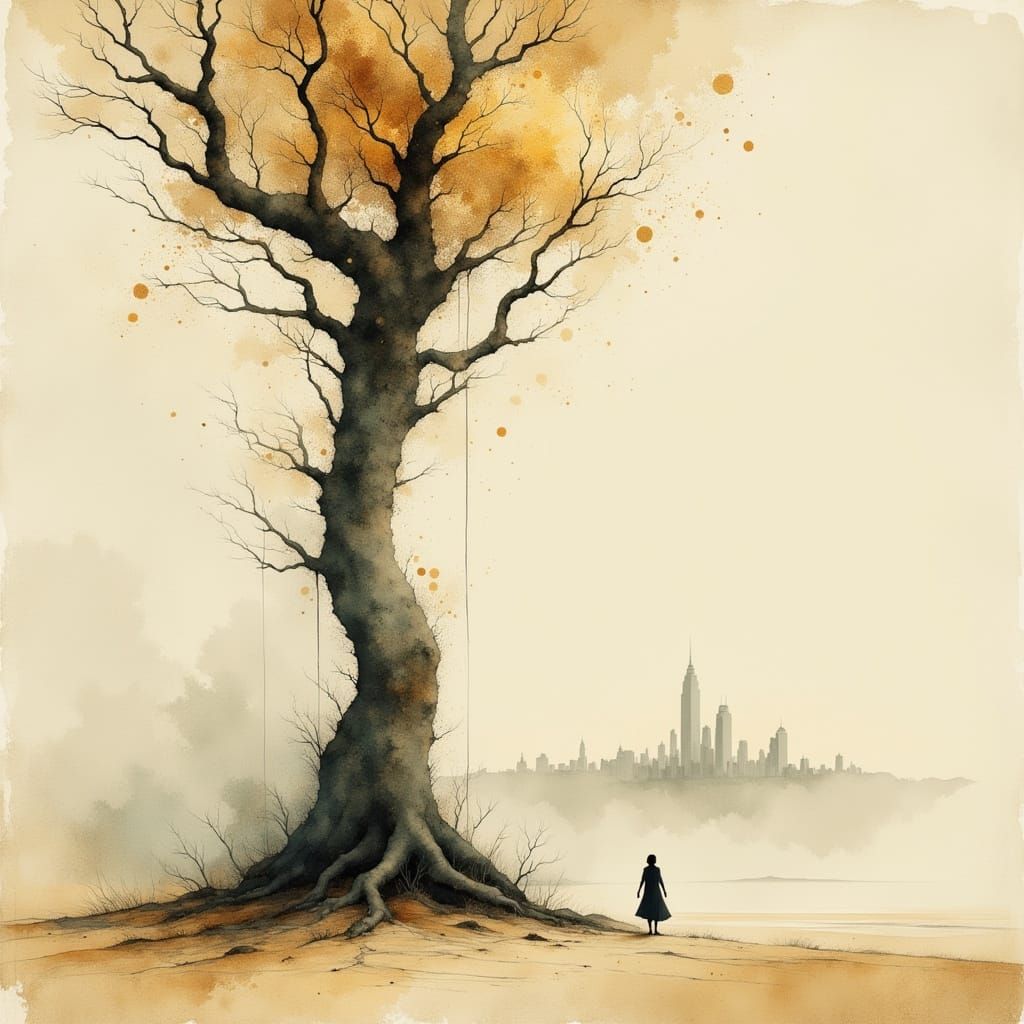 Ancient Tree Meets Modern City, Minimalist Illustration
