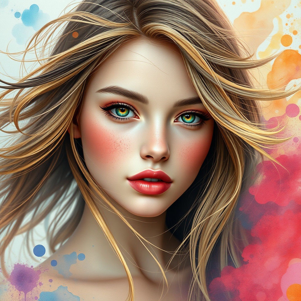 Watercolor Woman with Flowing Hair in Fantasy Style