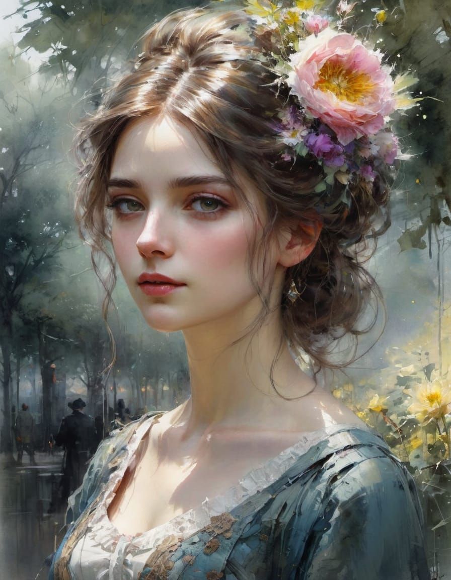 Victorian Woman in City Park Watercolor Painting