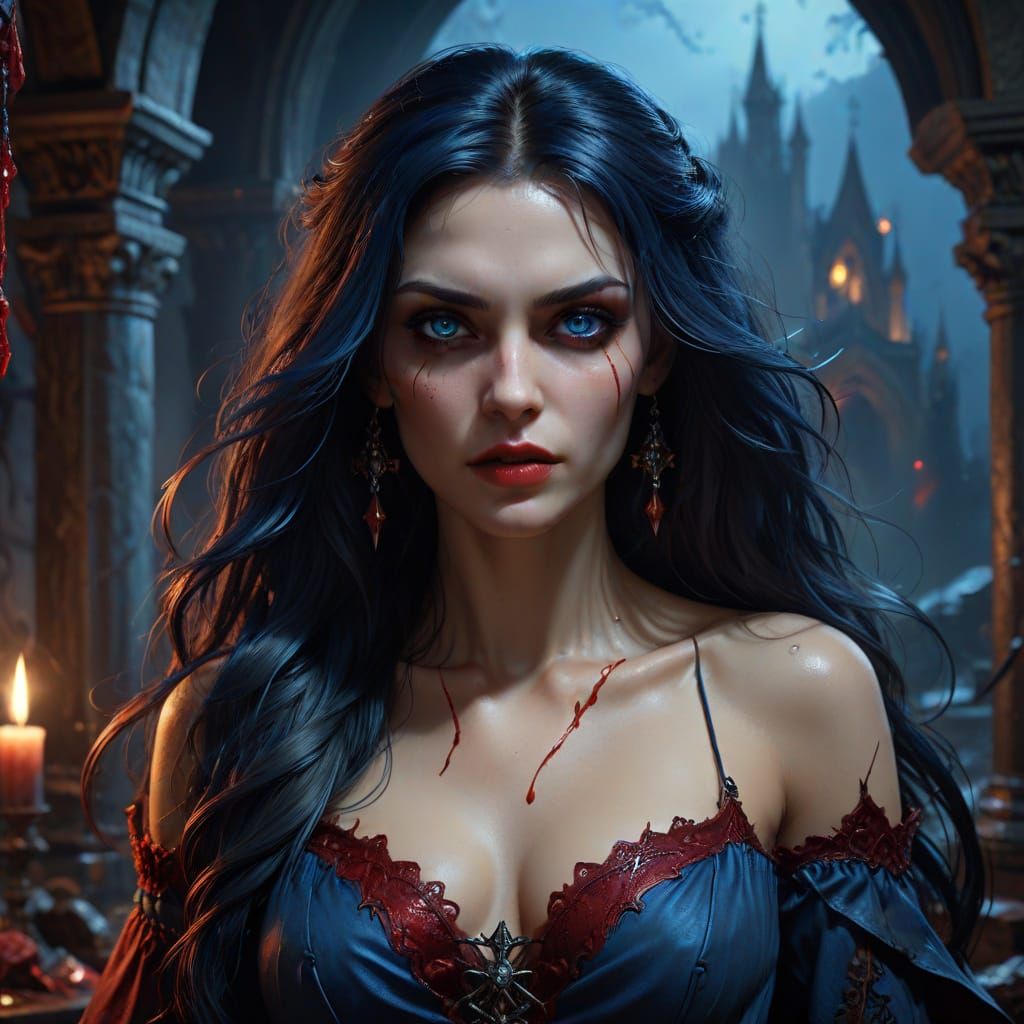 #vampire  #blood #long hair #blue eyes  #seductive a masterpiece, 8k resolution, dark fantasy concept art, by Greg Rutko...