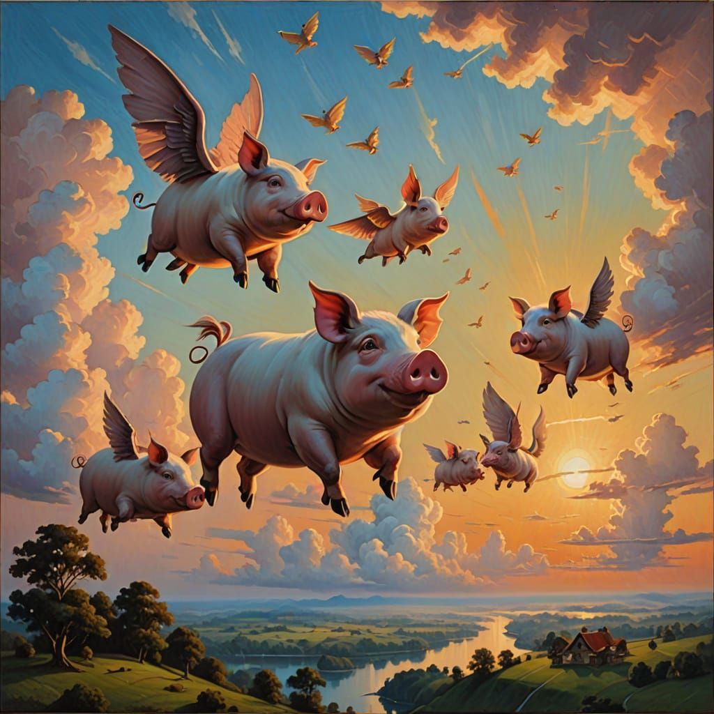 Giant Flying Pigs Soar in the Surreal Evening Sky