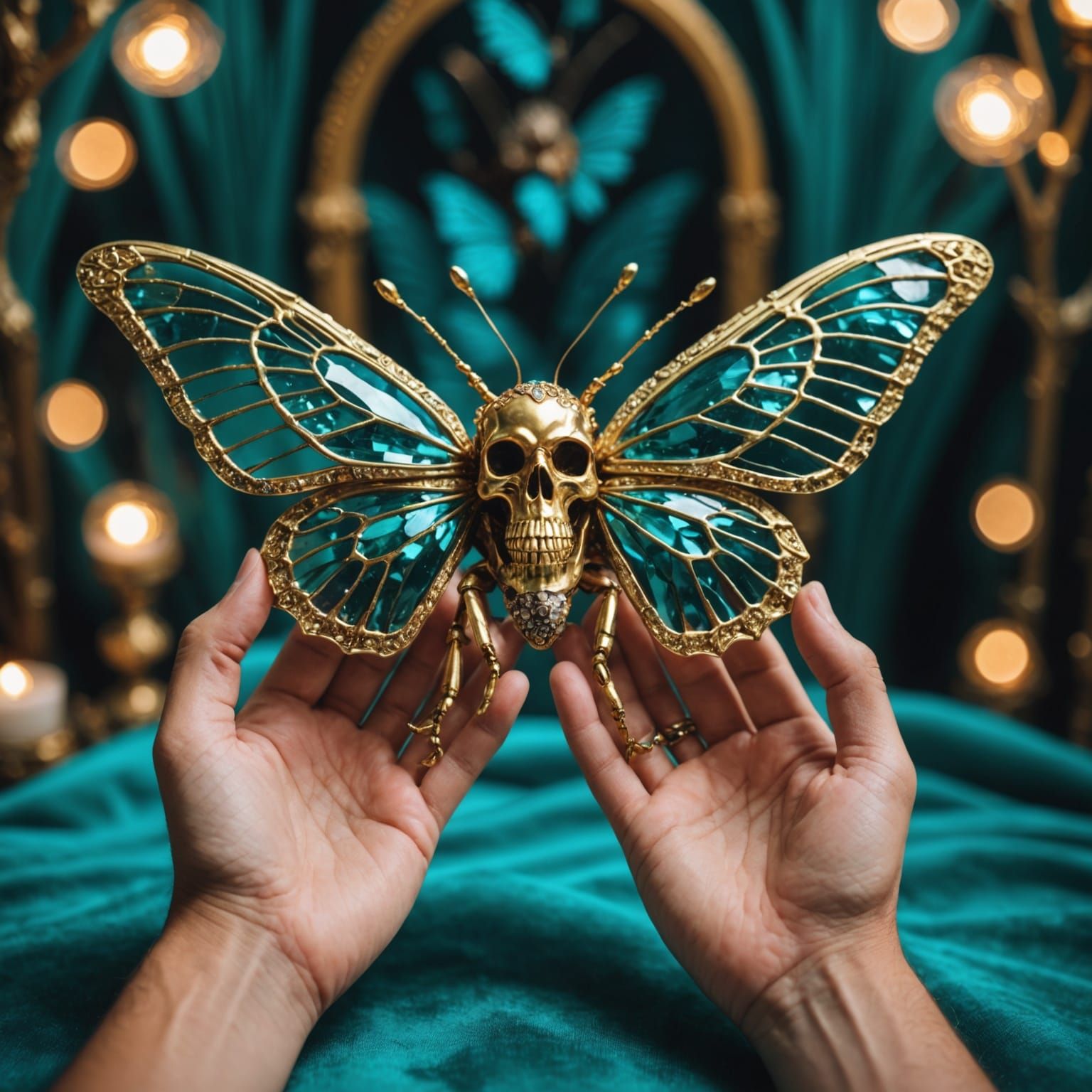 Ethereal Hands Hold Golden Butterfly Insect Sculpture
