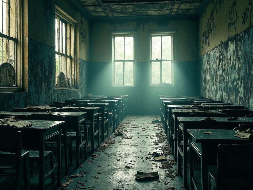 Abandoned Classroom in Moonlight, Gritty Comic Style