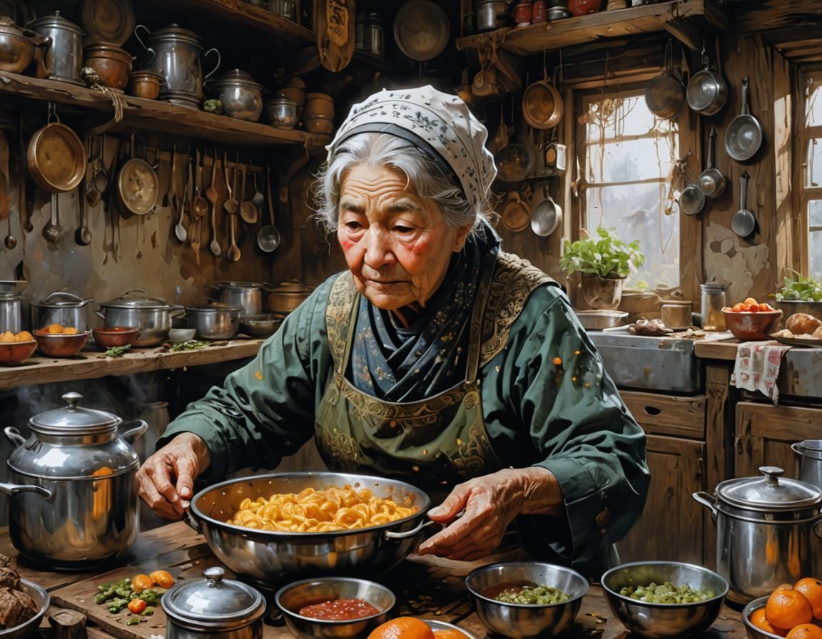 Nostalgic Grandma's Kitchen: Detailed Oil Painting