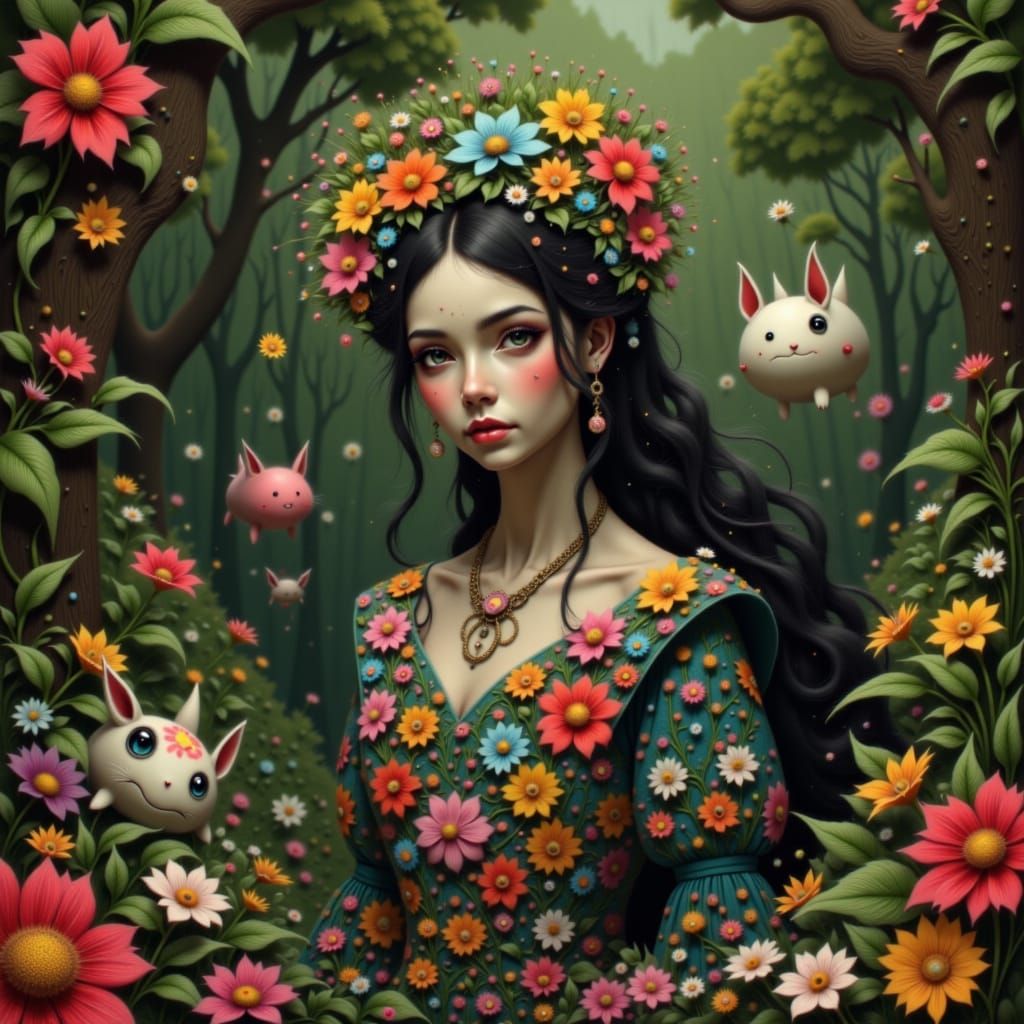 Whimsical Woman with Fantastical Creatures