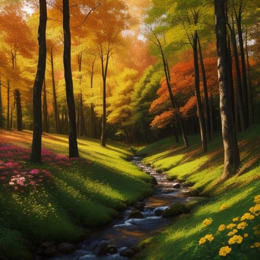 Impressionist Landscape Painting of Forest in Golden Hour