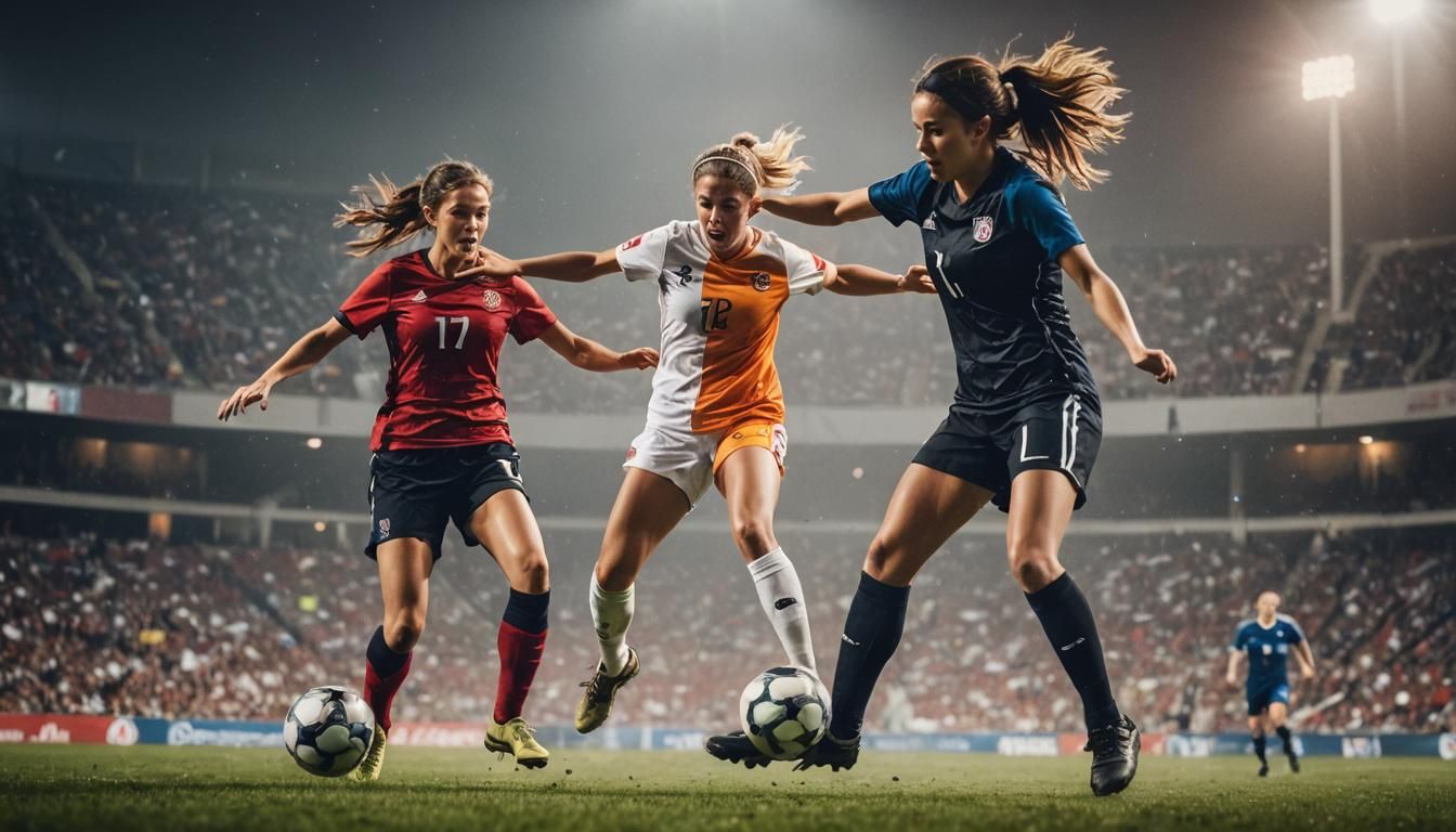 two fenale soccer player are fighting for the ball in a full...