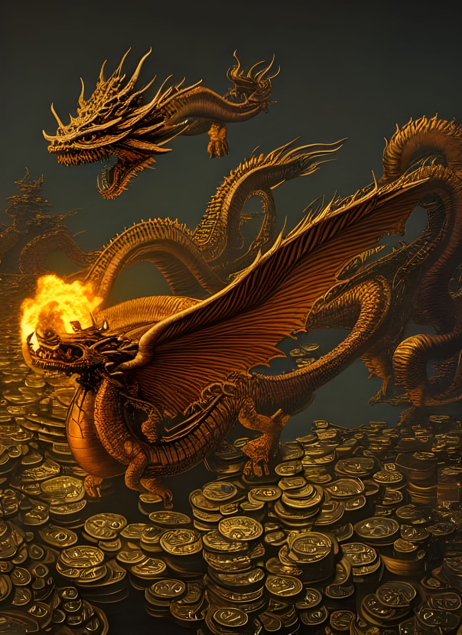 Steampunk Dragon Spitting Fire Over Mountain Villages