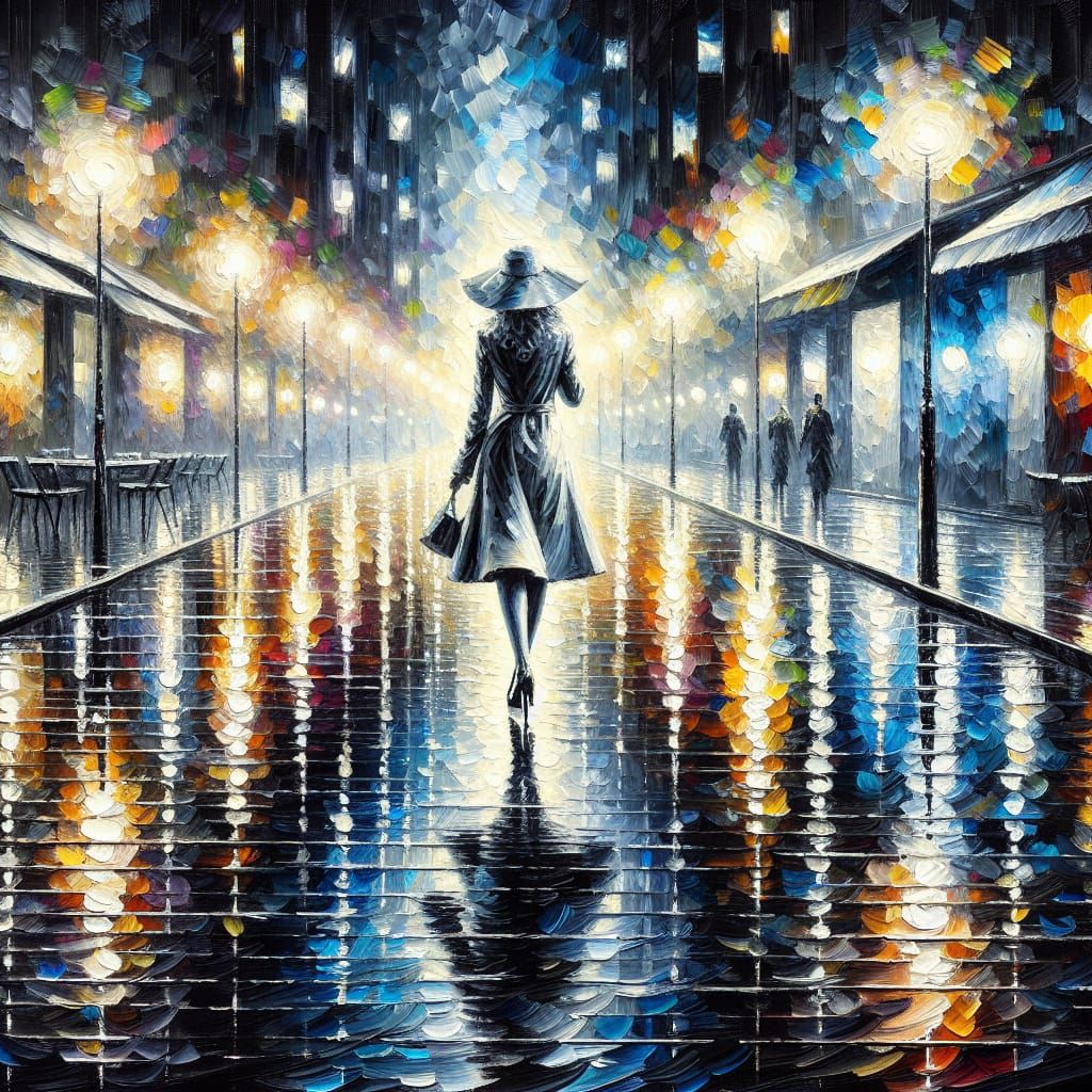 Woman Walking Through Rainy City at Night in Fauvist Style