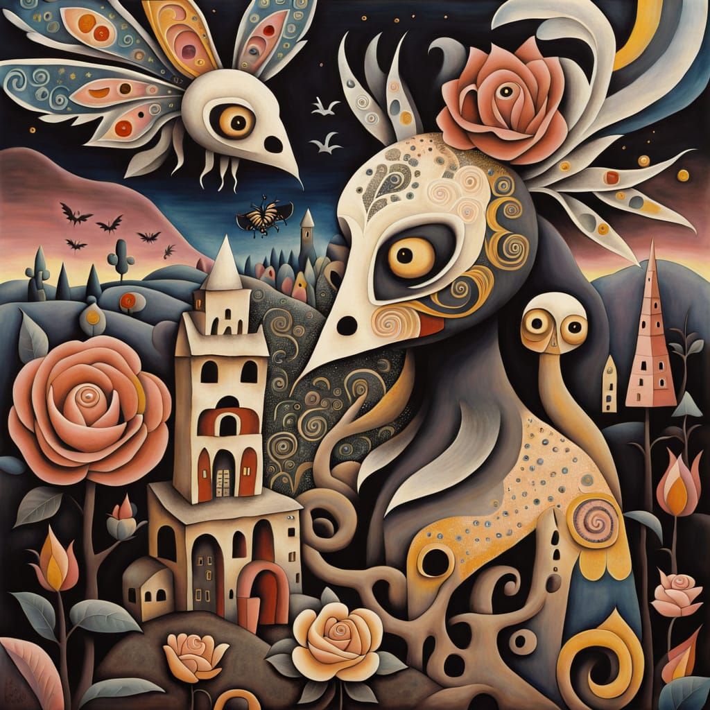 Naive Folk-Art Town with Statue Dwellings