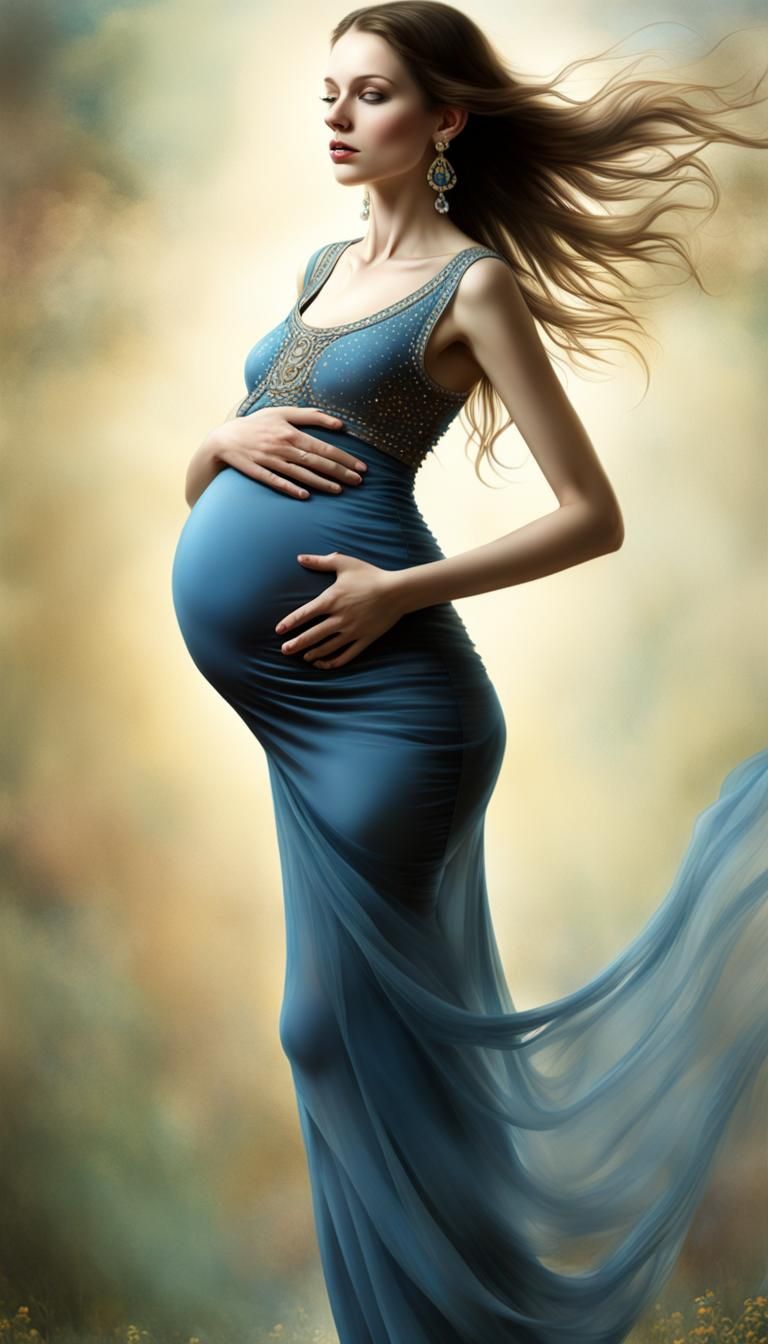 Joyful Pregnant Woman Dancing in Bejeweled Dress