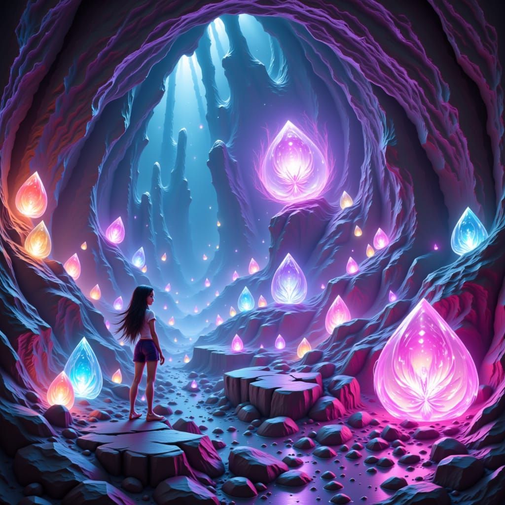 Bioluminescent Cavern with Neon Ink Splatter Art