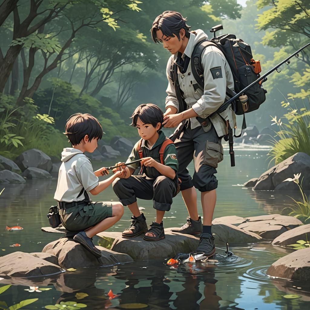 Father and Son Fishing: Detailed 3D Anime Art