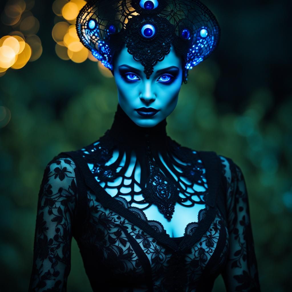 Bioluminescent Alien with Glowing Skin and Gothic Lace
