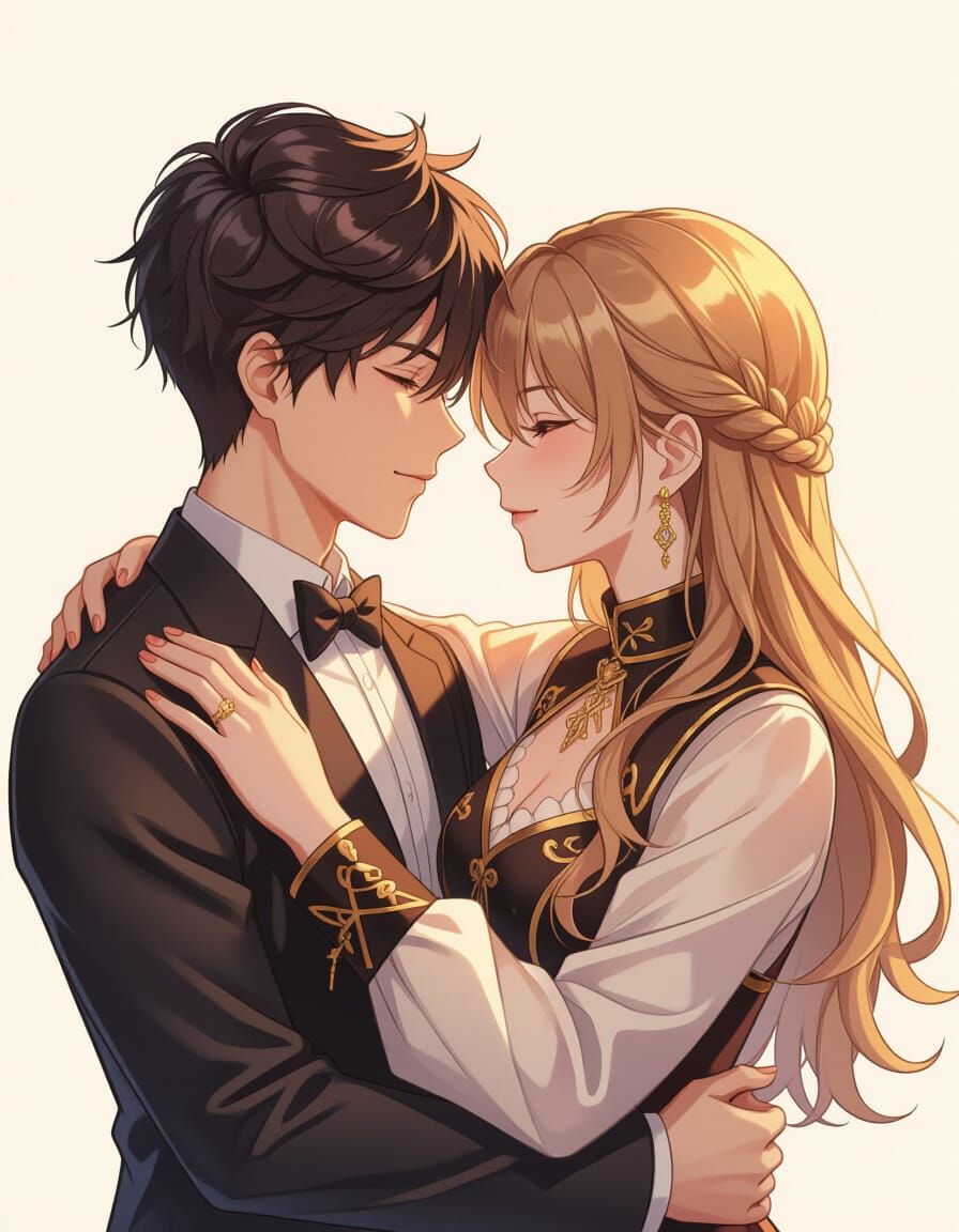 Romantic Anime Couple in Elegant Attire, 3D Style