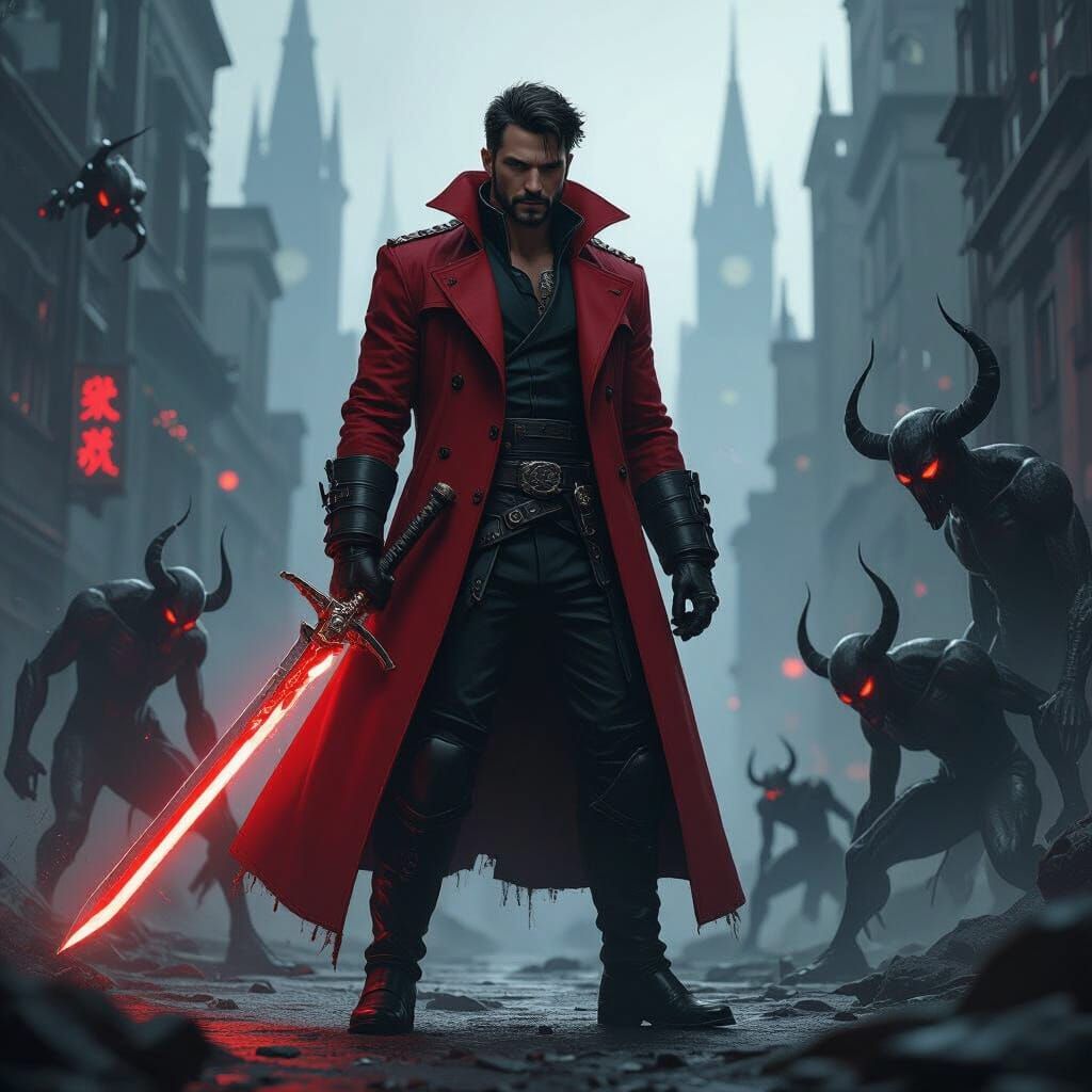 Dante in Gothic Cityscape, Action-Packed Game Art