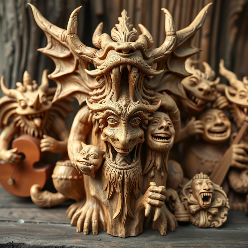 Detailed Wood Sculpture of Mythical Band