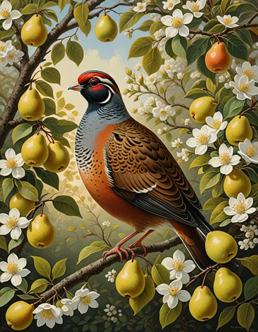 Vibrant Christmas Partridge Amidst Pear Blossoms
