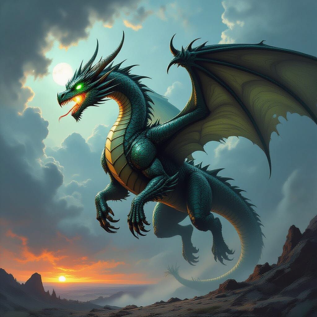Gothic Metal Dragon Soaring Through Stormy Sky