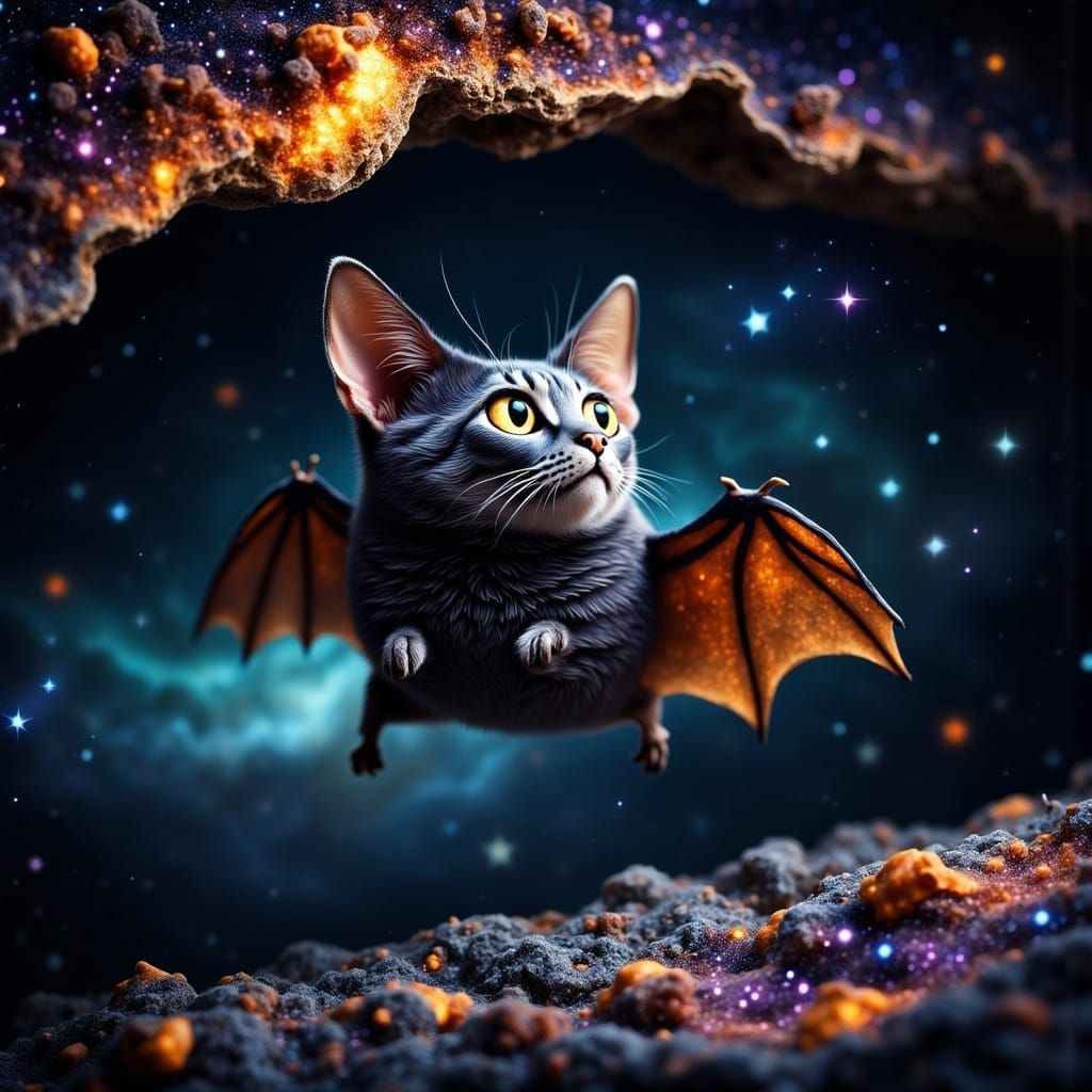 A Cartoon Bat in a Dark Cave, Frightened by Its Own Shadow