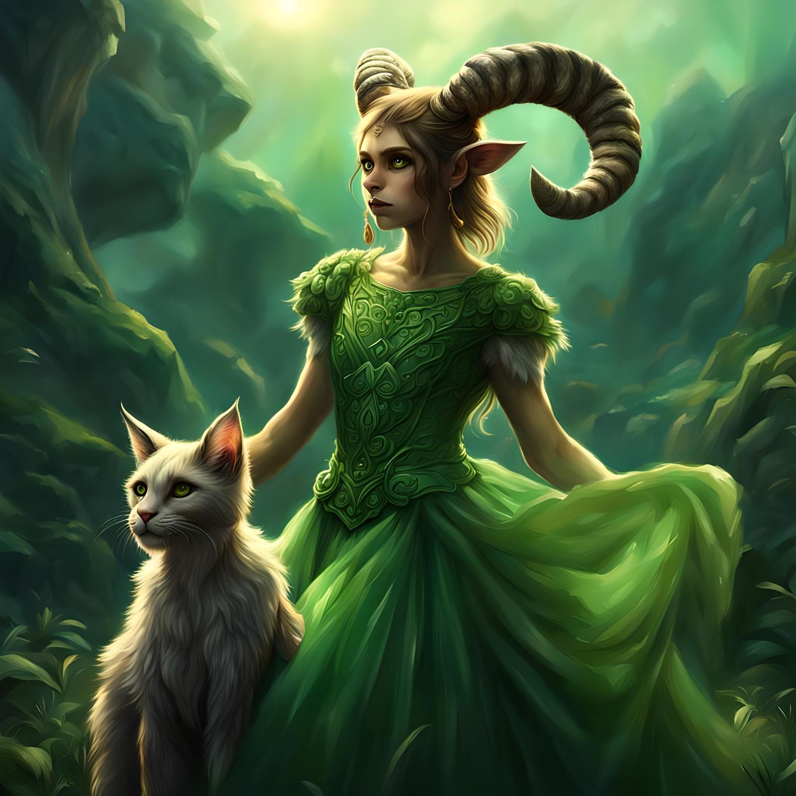 Furry Feline Faun Girl in Green Dress