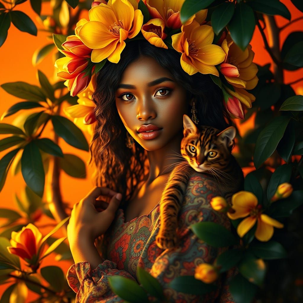 Majestic Chestnut Woman with Whimsical Floral Headdress