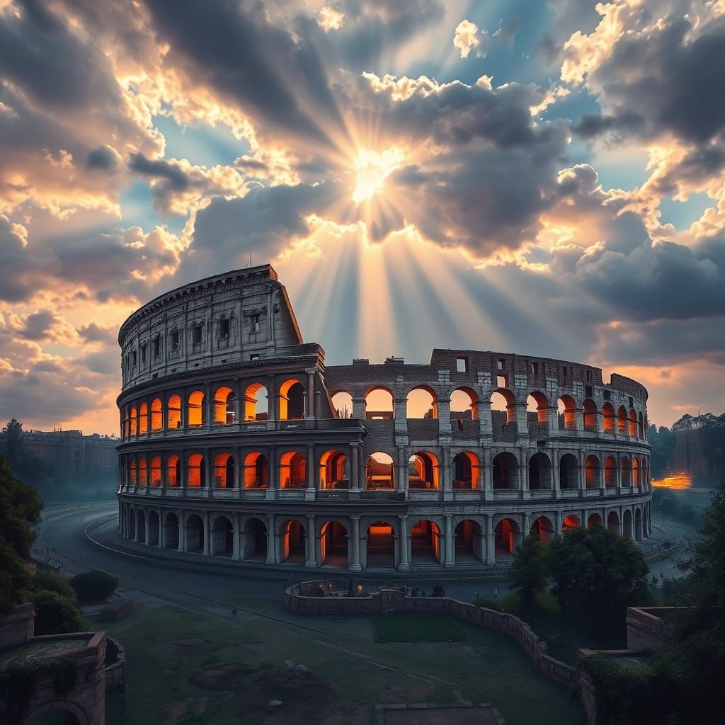 Ancient Rome's Colosseum Illuminated by Sunbeams in a Dramat...