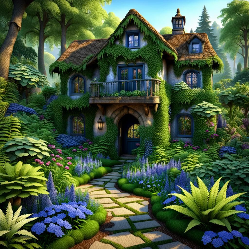 Lush Garden Scene with Indigo Flowers, Detailed Render