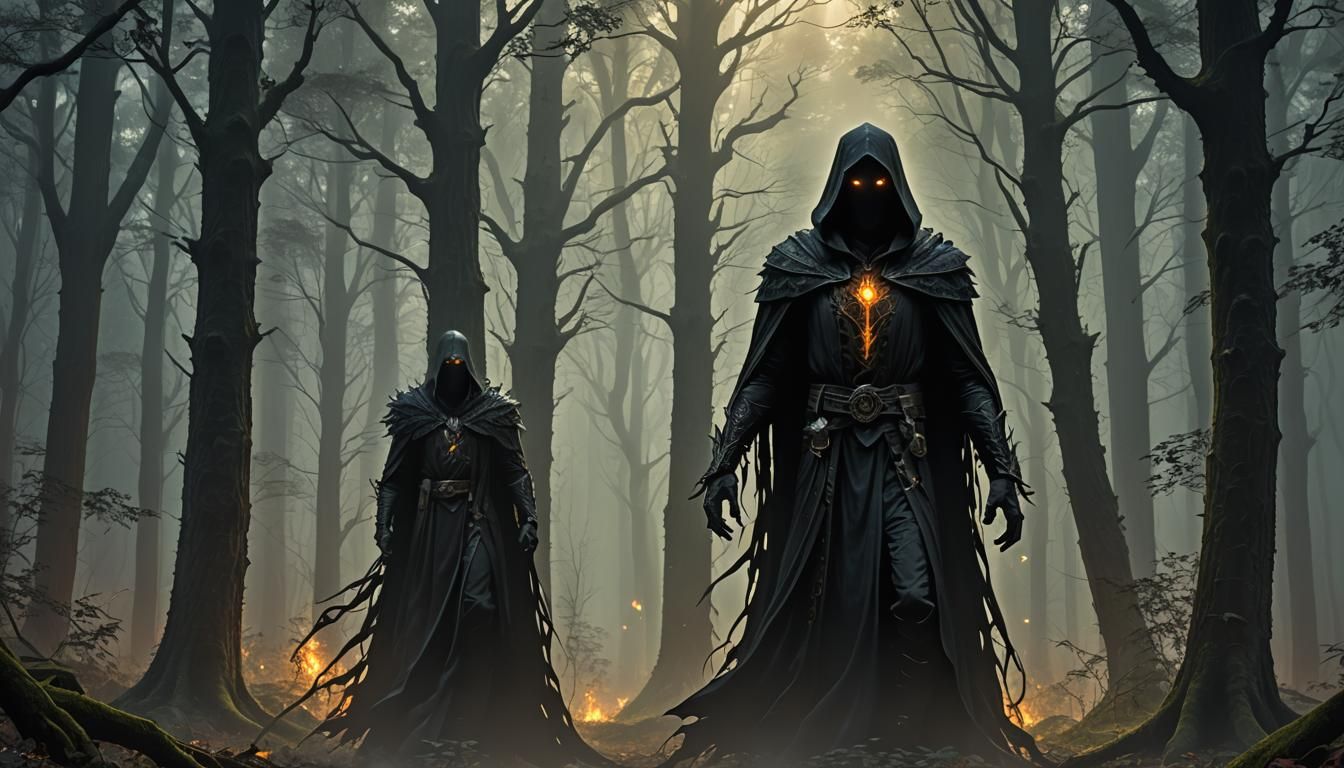 Eerie Shadow Figure in Dark Forest, Detailed Fantasy Art
