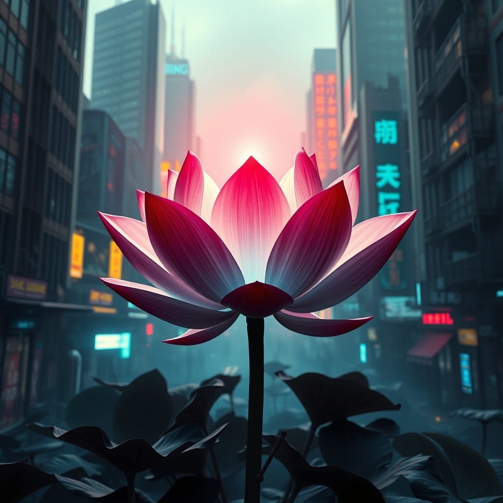 Cyberpunk Lotus Blooms in Neon City