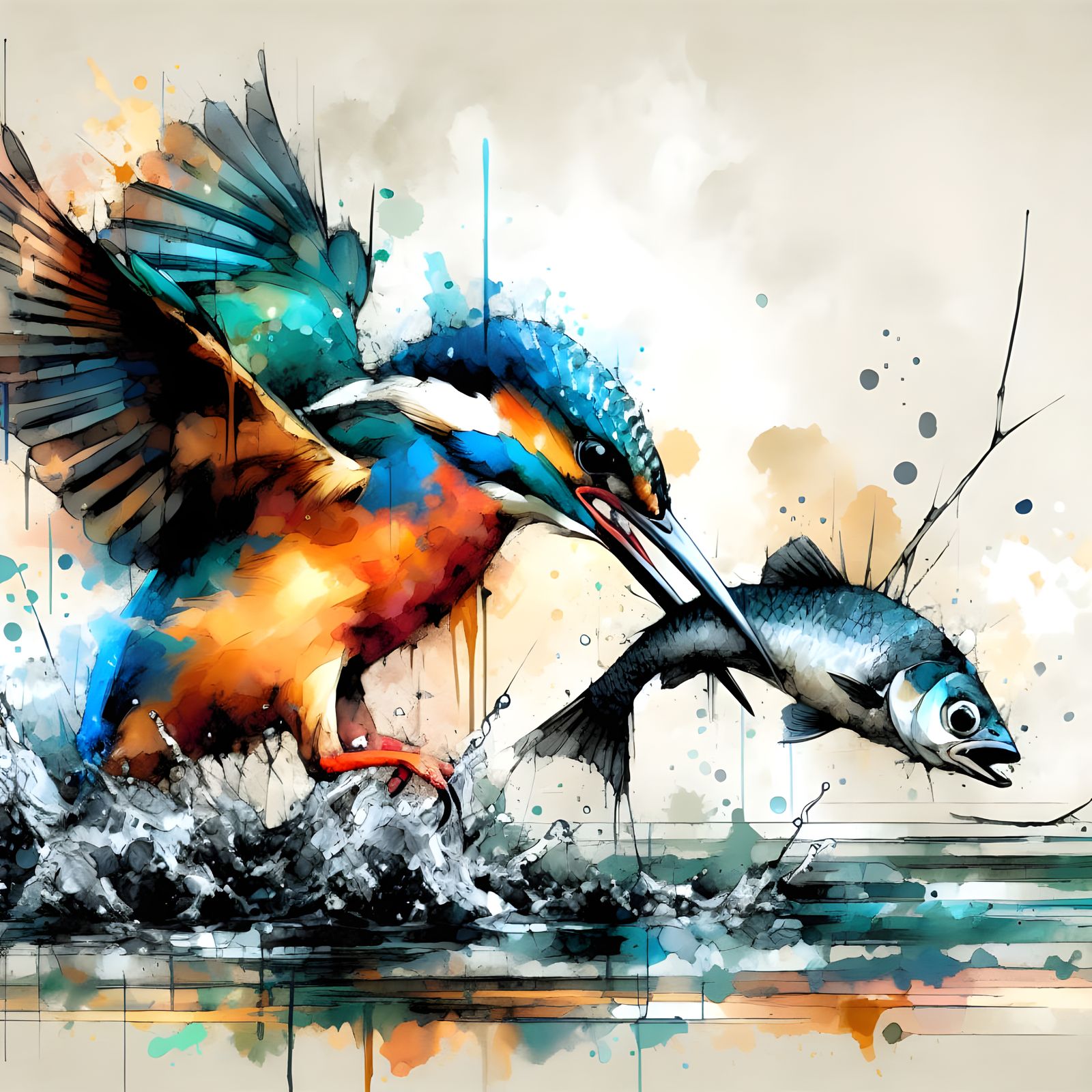 Kingfisher Catching Fish: Vivid Abstract Watercolor Painting