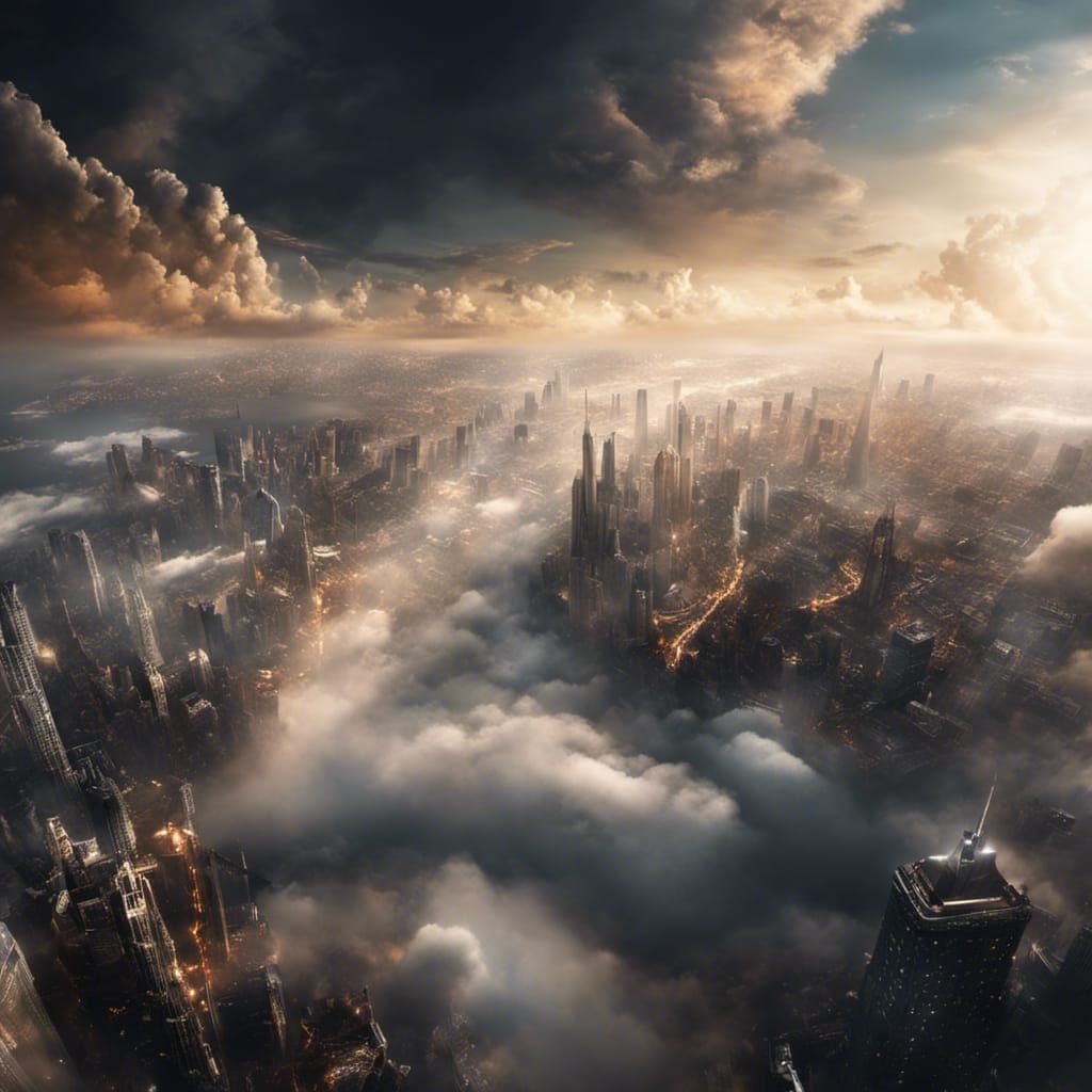 Cityscape floating in the clouds.