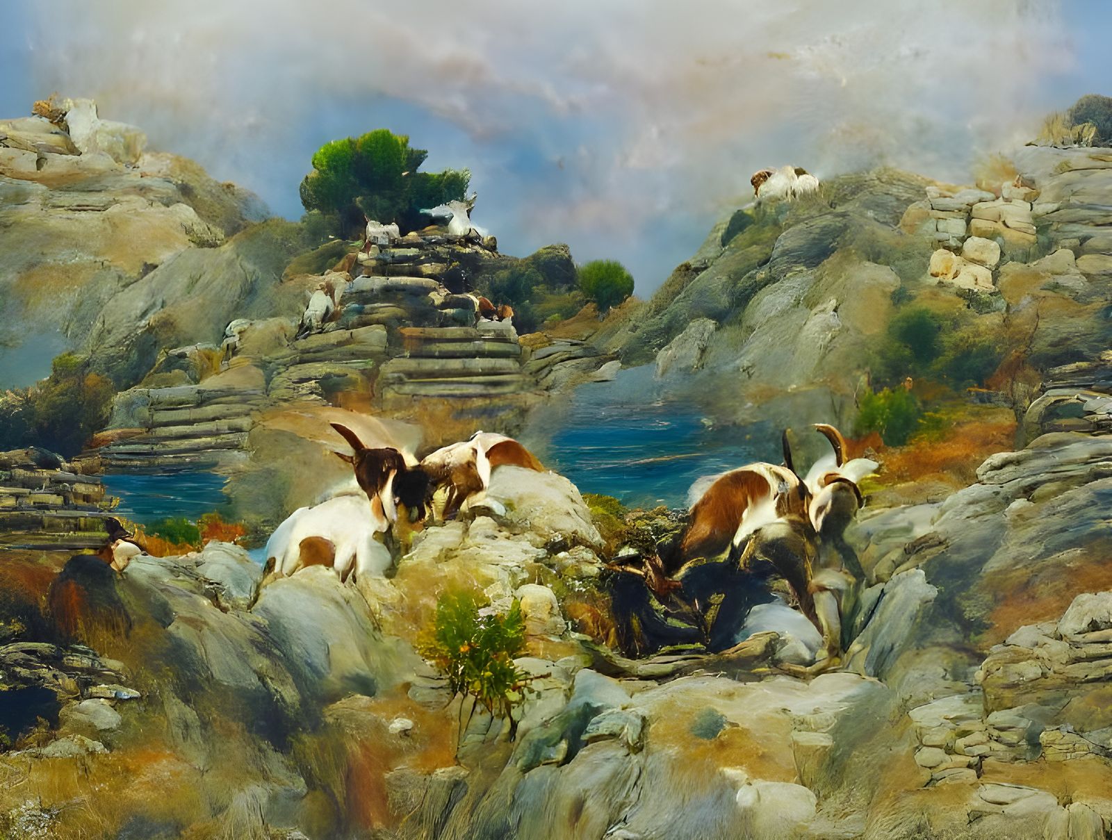 Goats Grazing on Rocky Hillside in Romantic Oil Painting