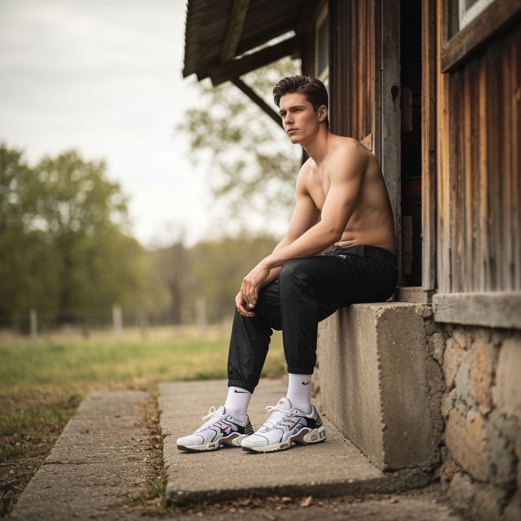 Young Man Relaxing on Rustic Building Step