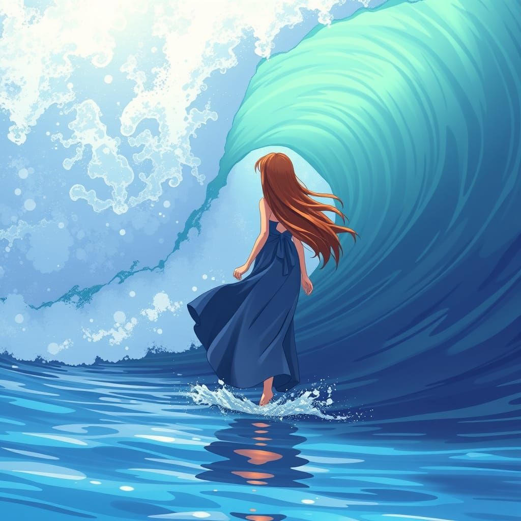 Girl Walks on Water Behind Wave: Cel-Shaded Anime Art