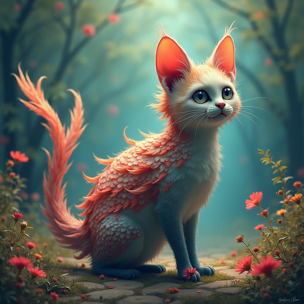 Surreal Cat Bird Fish Hybrid in Vibrant Dreamlike Environmen...