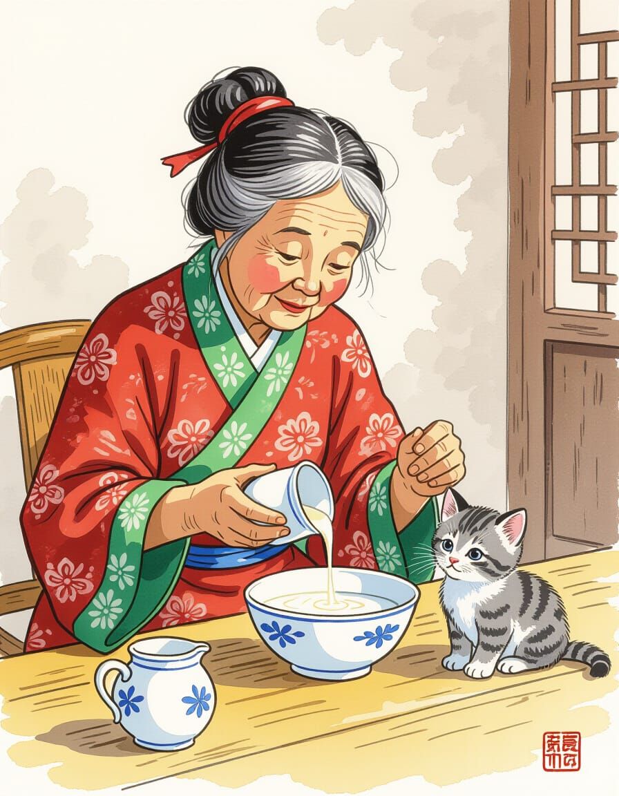 Old Chinese Woman Pours Milk for Kitten in Romantic Illustra...