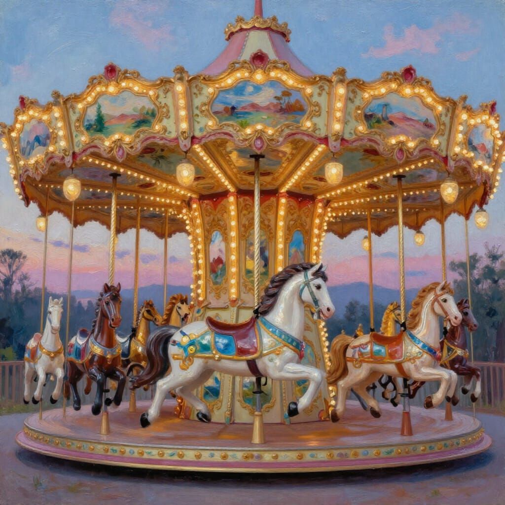 Ornate Carousel with Lifelike Horses in Twilight Oil Paintin...