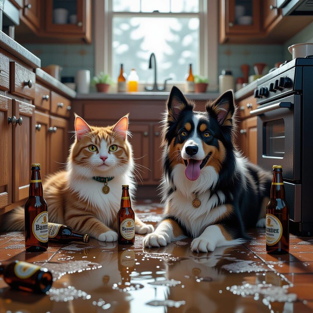 Drunk Cat and Dog in Messy Kitchen