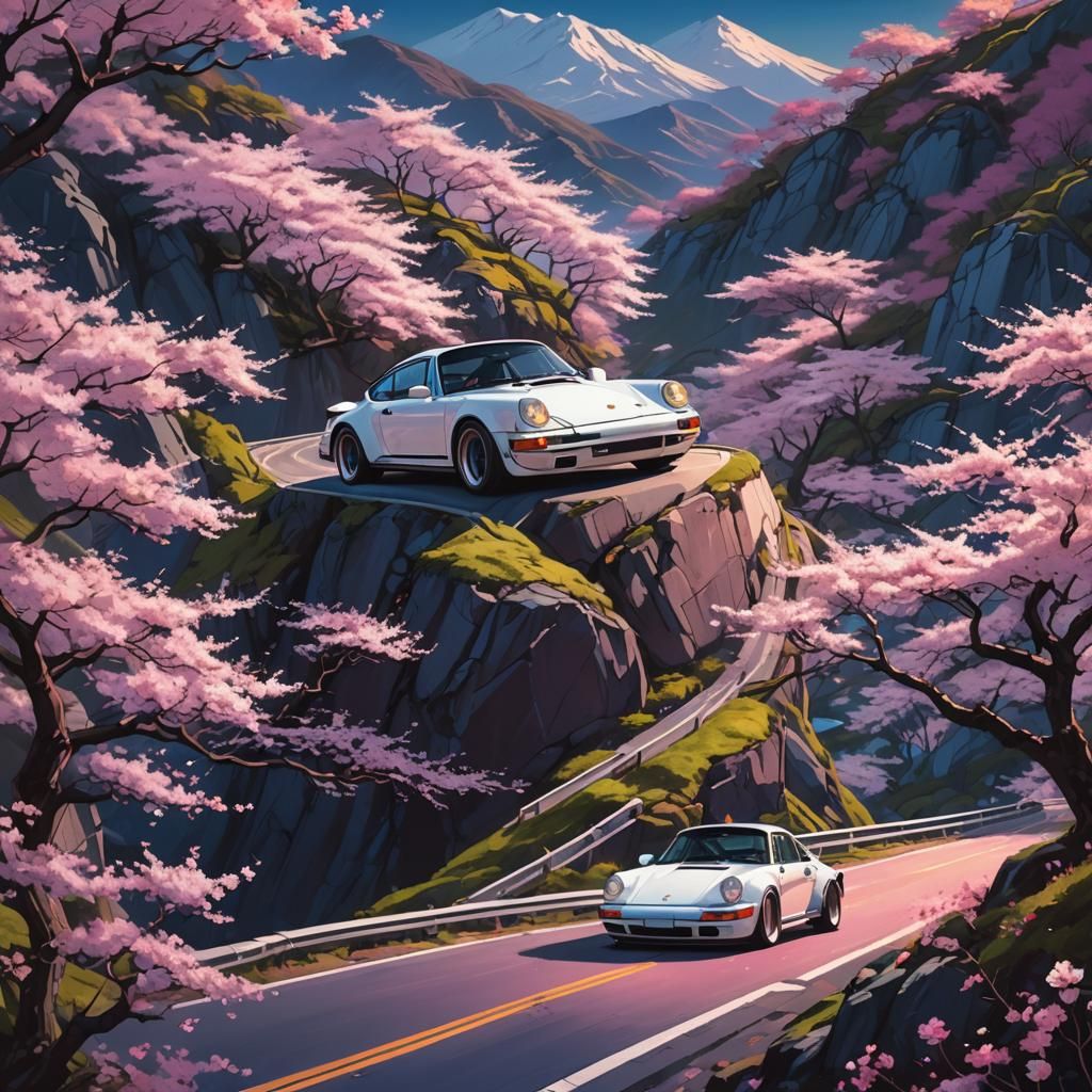 Porsche 911 Under Cherry Blossoms in Electric Twilight
