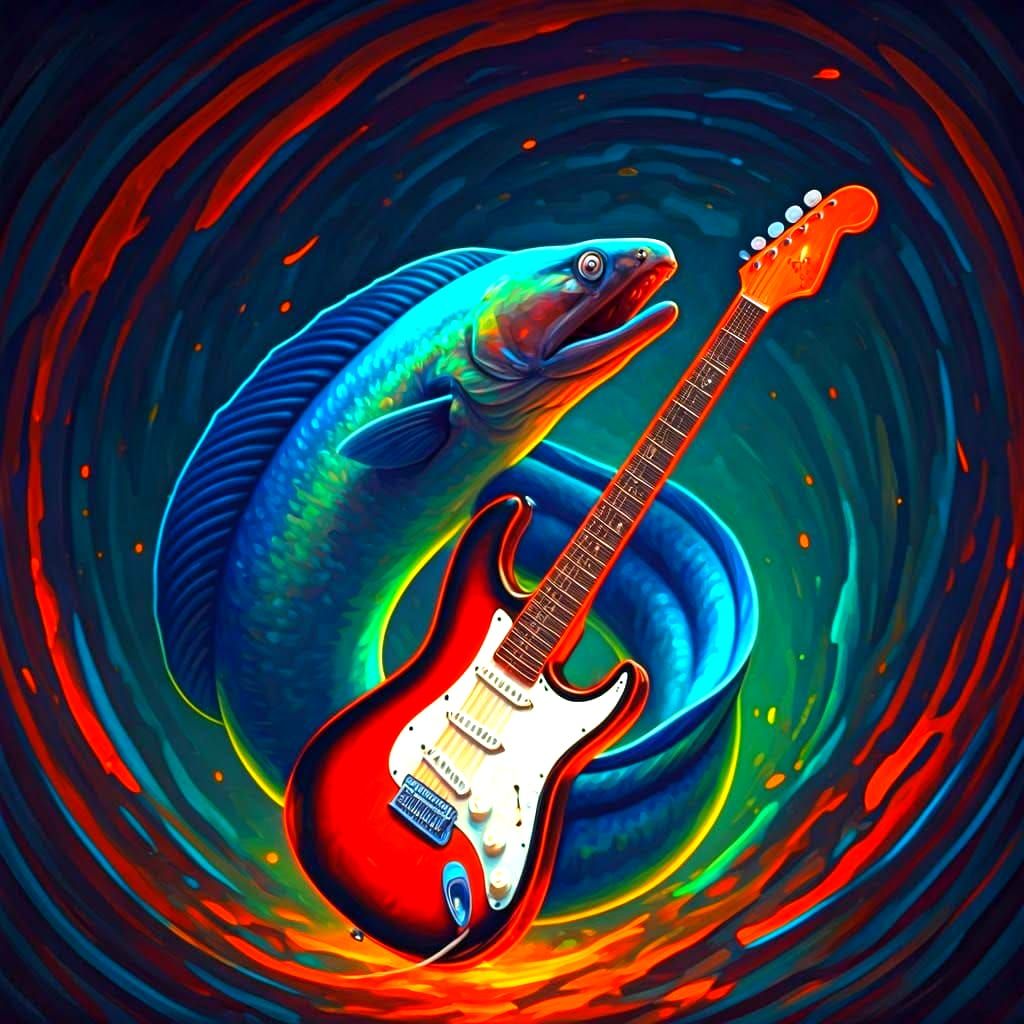 Electric Eel Plays Guitar: Neo-Impressionist Oil Painting