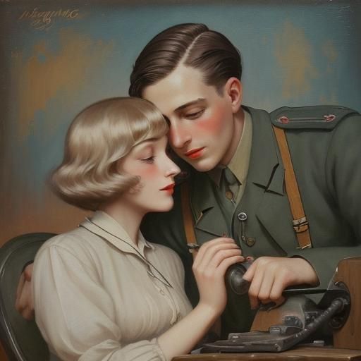 Uplifting Wartime Love: 1930s Oil Painting