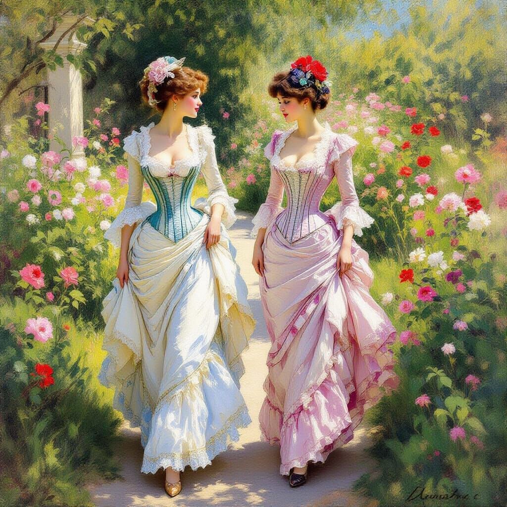 Victorian Women in a Flower Garden, Impressionistic Style