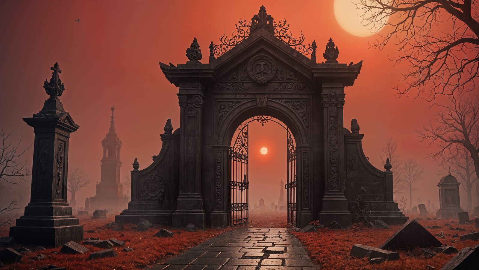 Burning Portal Gate Opens in Misty Graveyard
