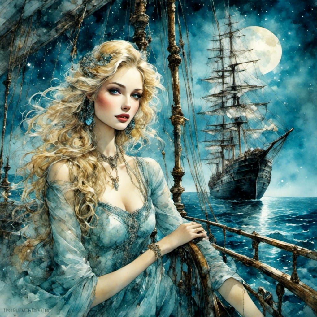 Romantic Blonde Portrait on Ship in Watercolor