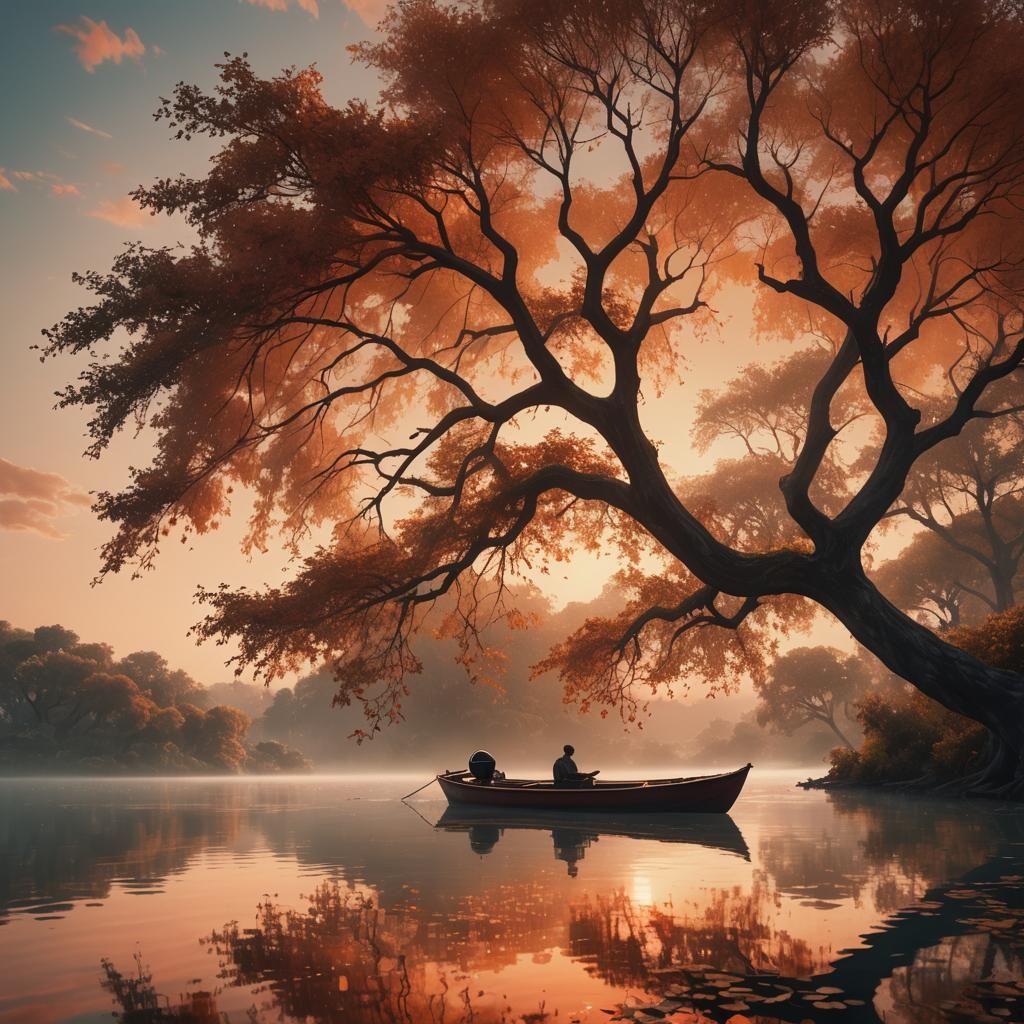 Serene Lagoon Sunset: Matte Painting in Ethereal Colors
