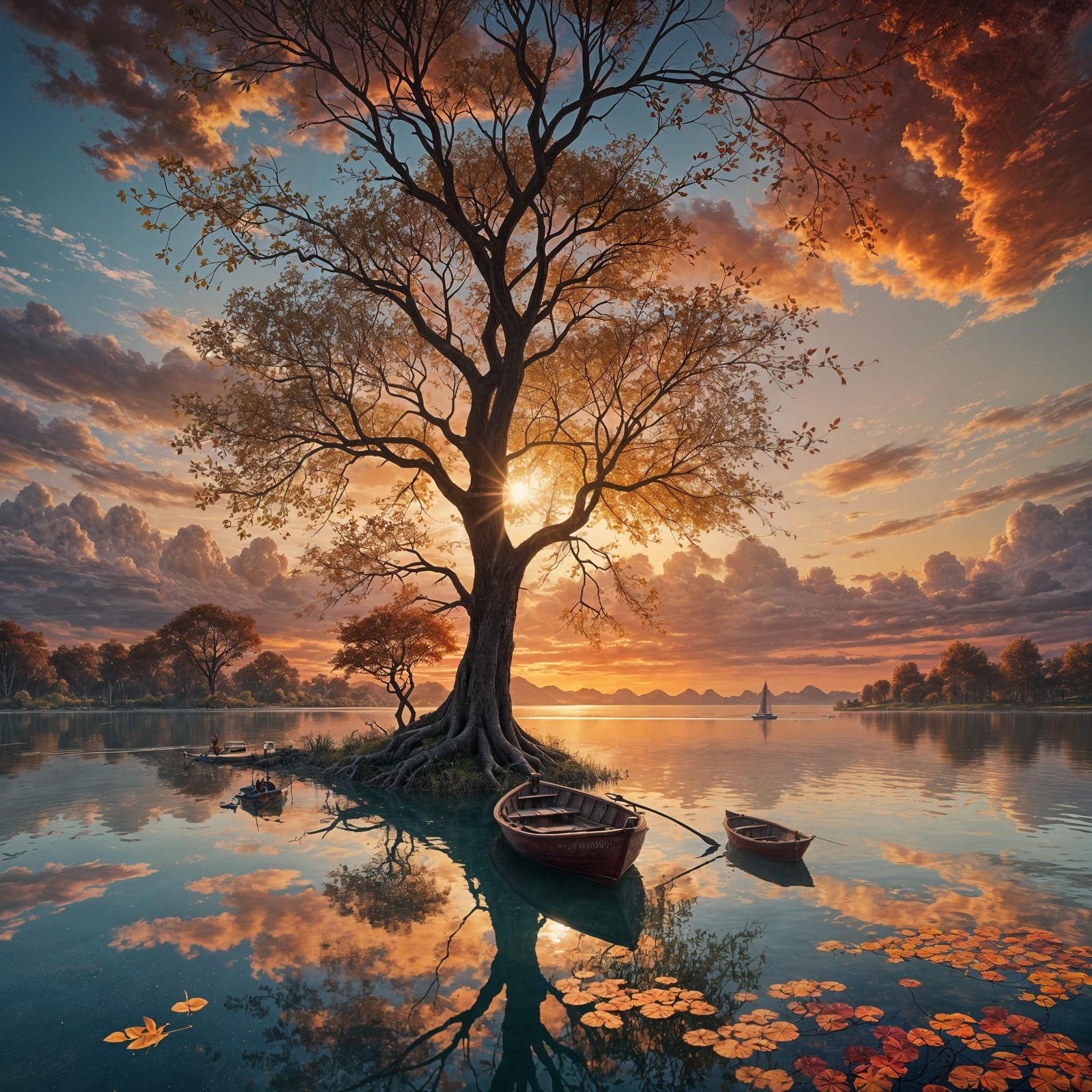 Vibrant Sunset Over Calm Lagoon: Detailed Matte Painting