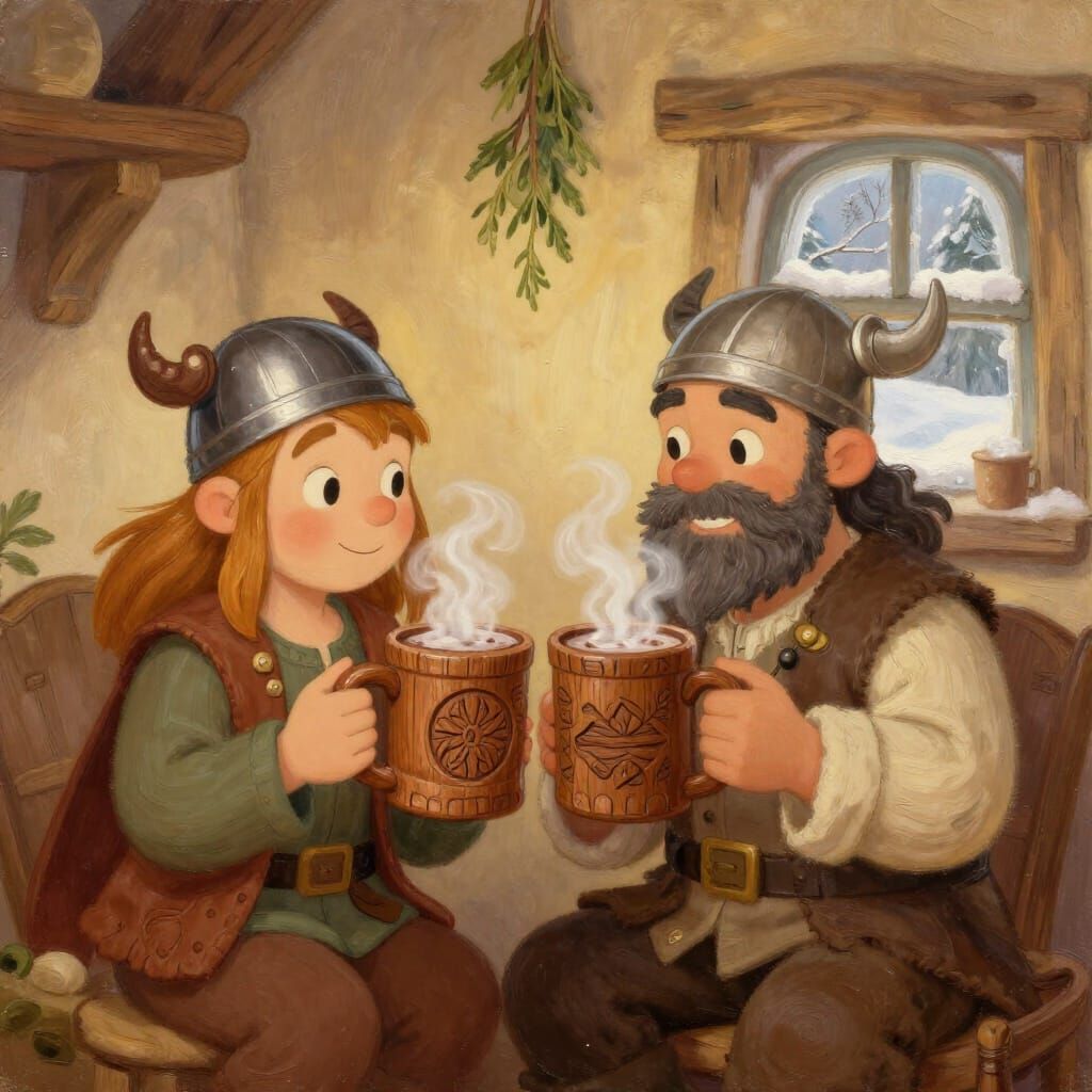 Friendly Vikings Share Hot Chocolate in Cozy Interior Oil Pa...