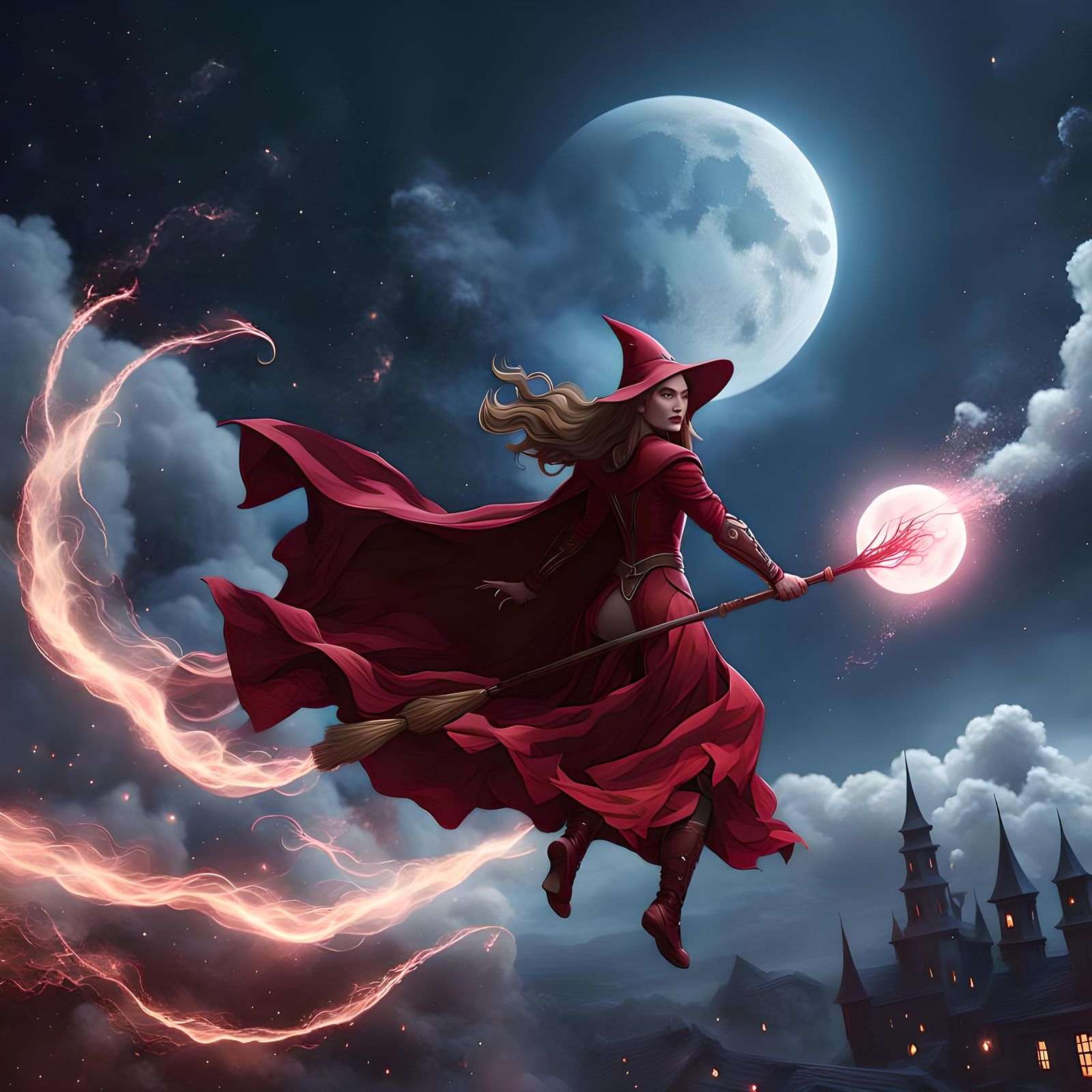 Scarlet Witch Soaring Through Starry Night Sky