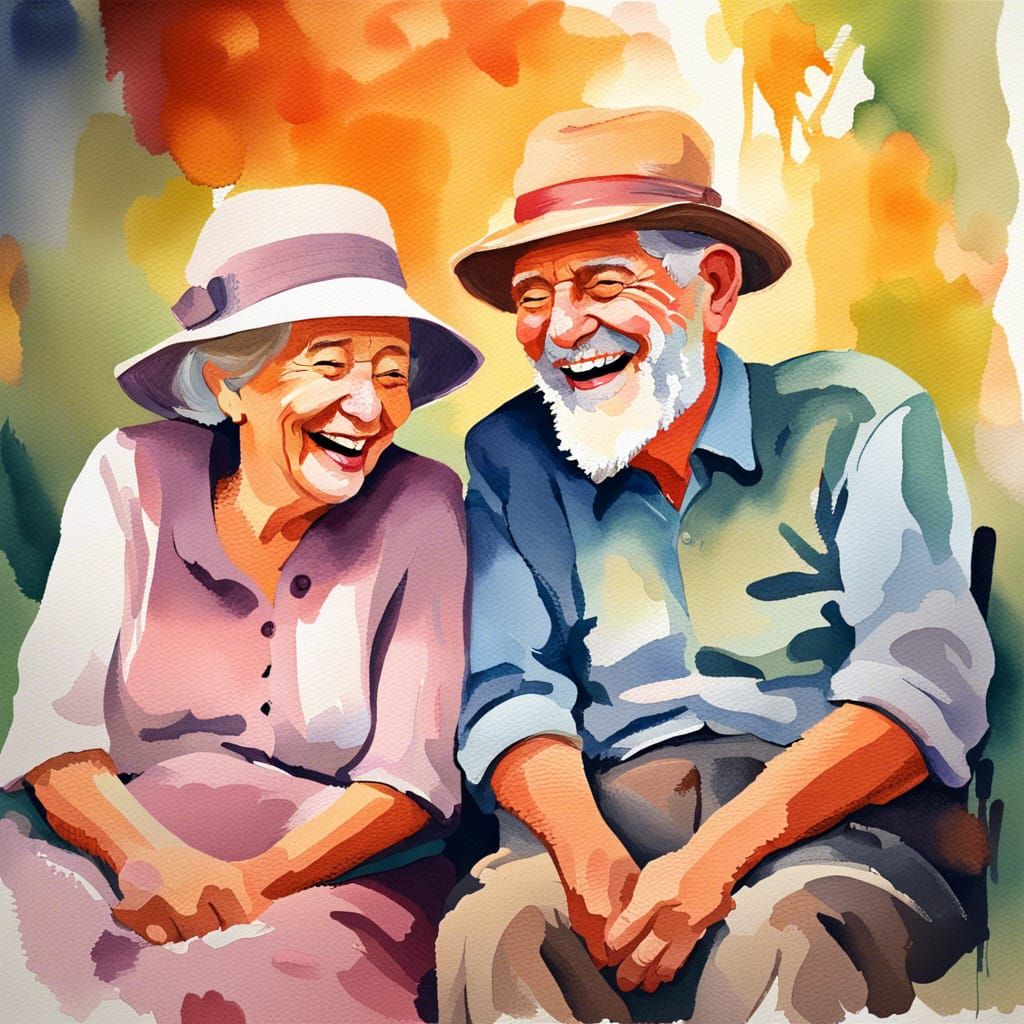 Laughing Elderly Couple in Gouache Watercolor Style